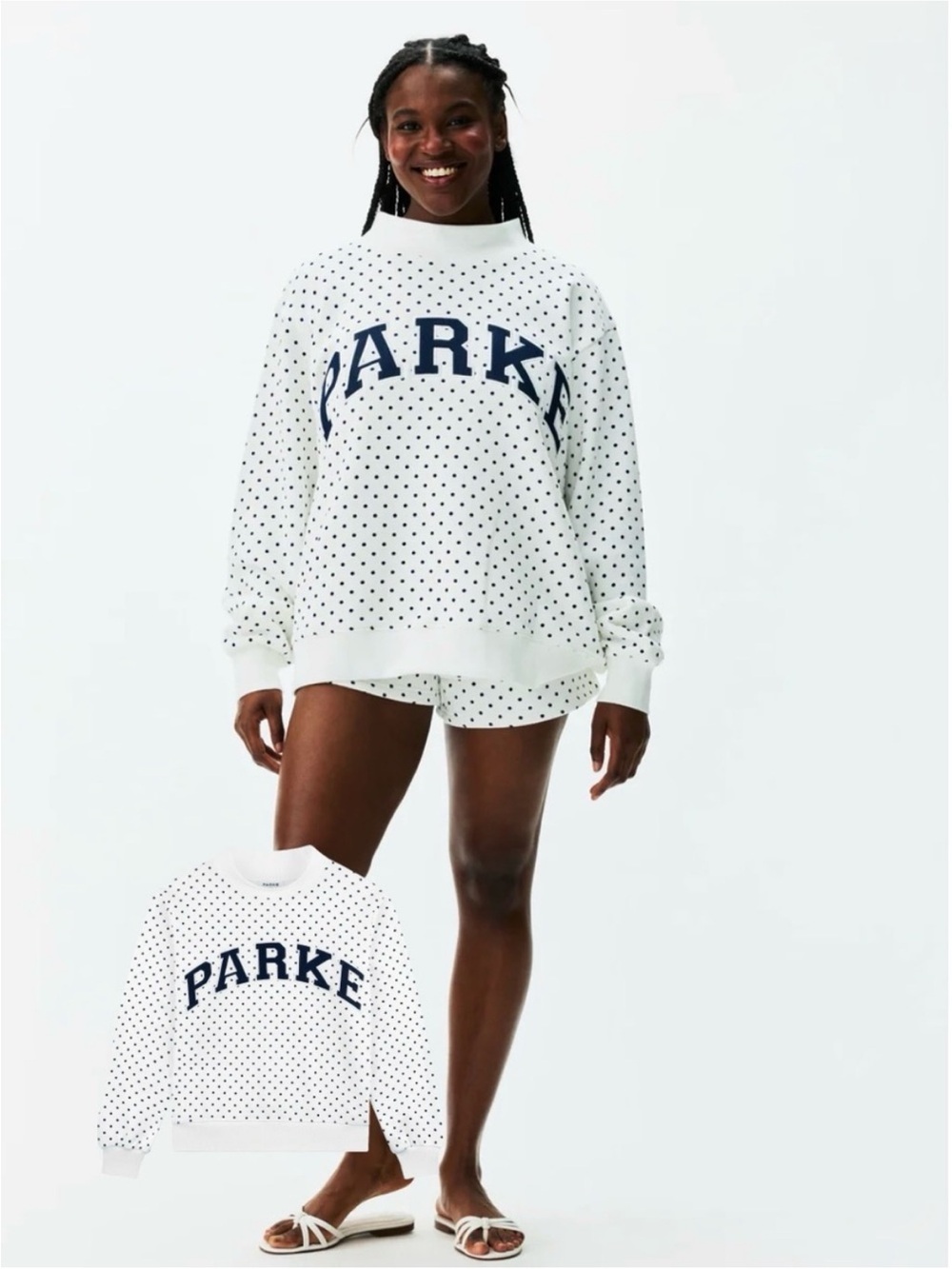 Parke white polka dot mockneck